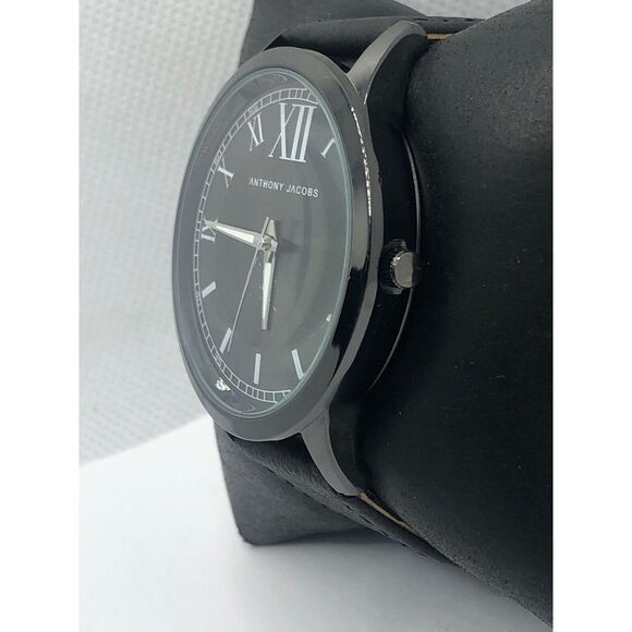 Anthony Jacobs Unisex Black Leather Analog Black Dial Quartz Genuine Watch OP17 - Picture 2 of 9